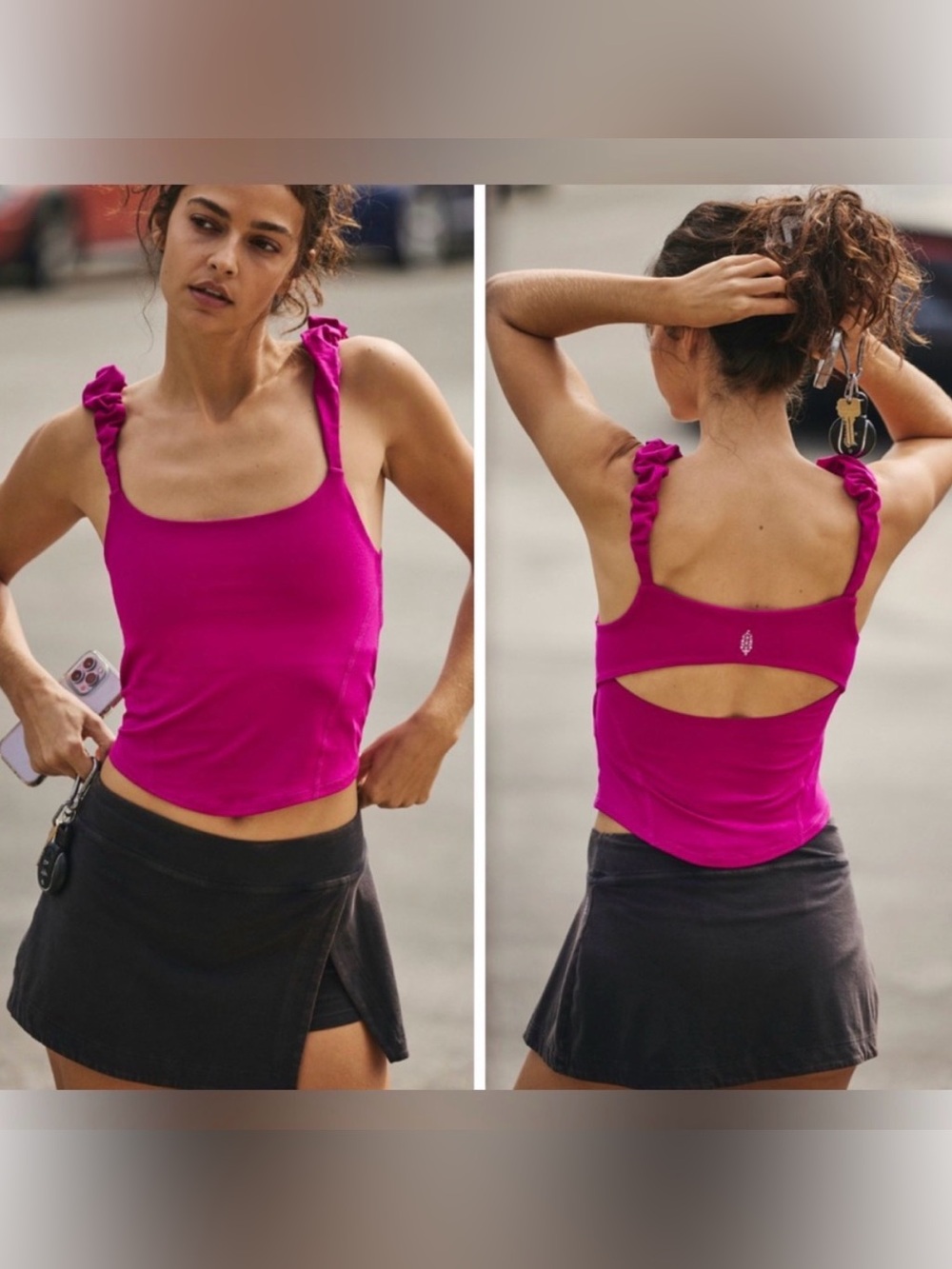 FP Movement by Free People Ruffle-Strap Cutout Tank Top - Fuchsia size Medium